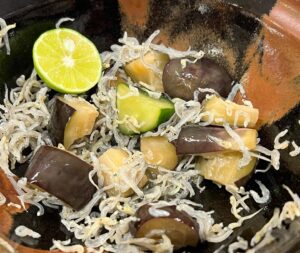 スダチ！ナス＆キュウリの夏野菜コンビとちりめんにかけていただきました